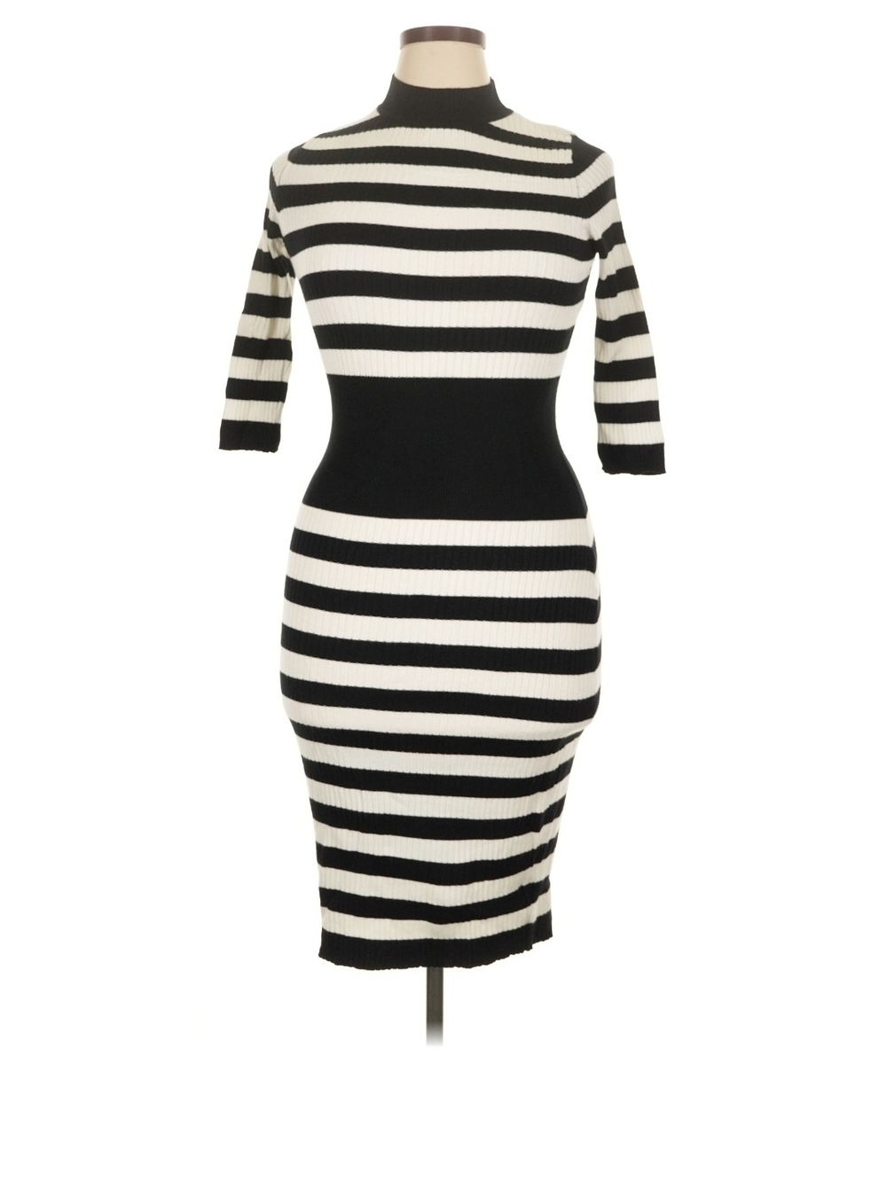 Ashley Stewart Black & White Striped Ribbed Midi Dress